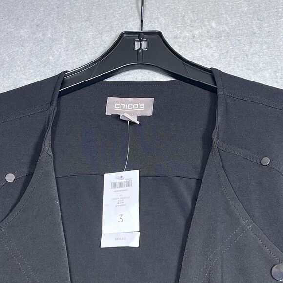 Chicos Cardigan Womens Sz 3 Large Black Roll Tab Long Sleeve Drape Open Front - Picture 2 of 13